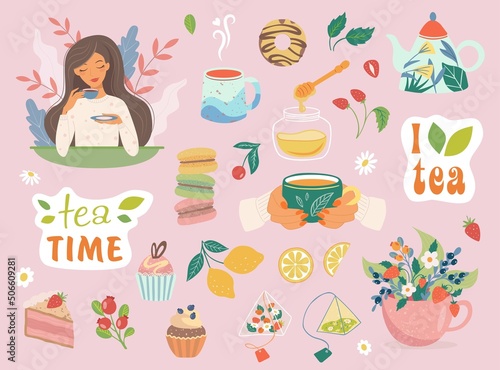 Hand drawn teapot and cup collection with girl isolated on pink background. Vector illustration on tea time icons for cafe and restaurant menu design