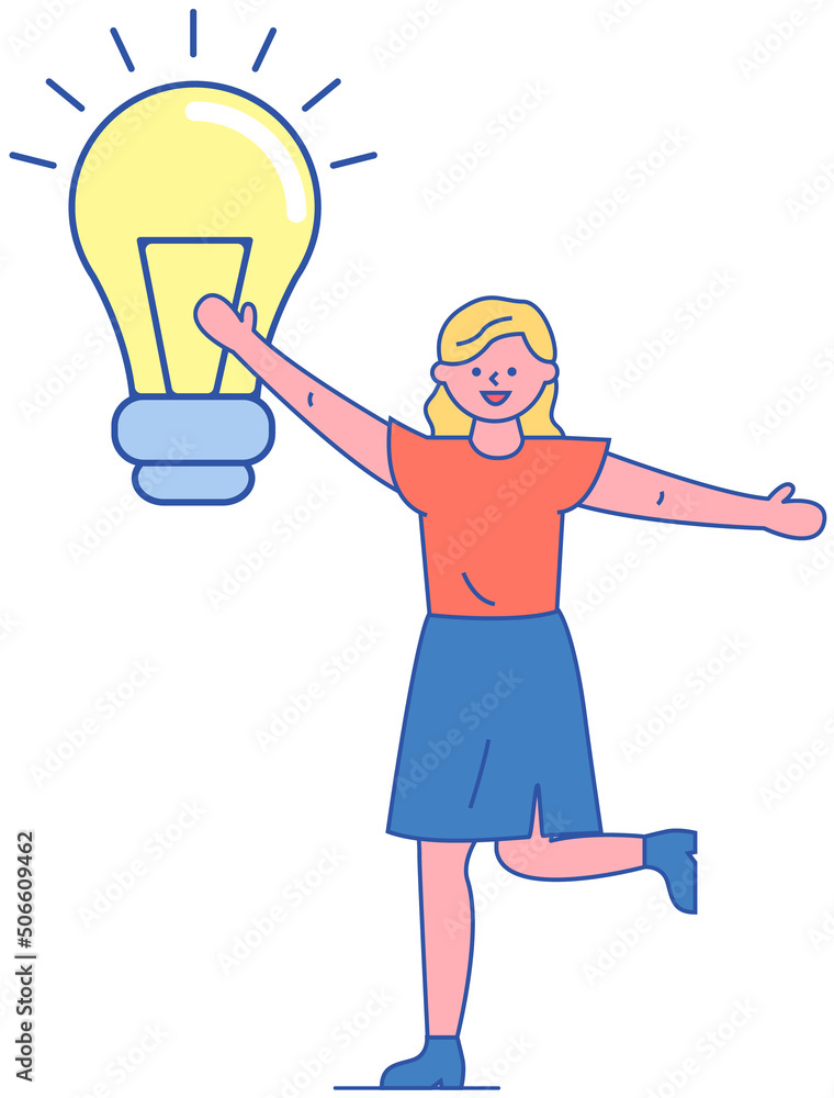 Lady creates idea of new project, planning startup, searching for solution, brainstorming. Happy woman dancing near light bulb isolated on white background. Light bulb as symbol of creative idea Lady creates idea of new project, planning startup, searching for solution, brainstorming. Happy woman dancing near light bulb isolated on white background. Light bulb as symbol of creative idea
