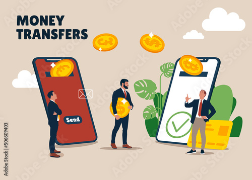 People send and receive money via an online connection. Mobile payments and money transfers.The concept of mobile banking and online payments. Flat vector illustration