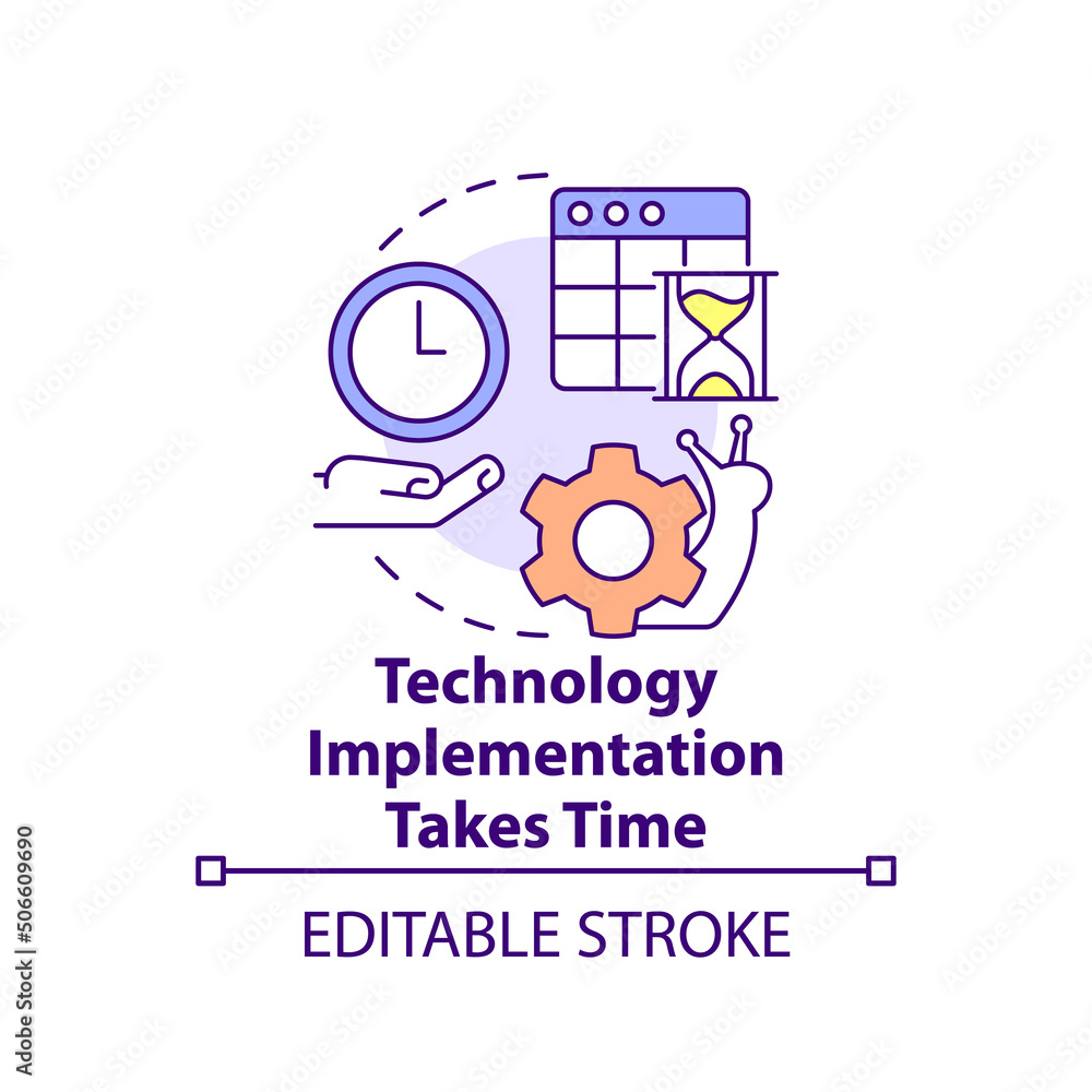 Technology implementation takes time concept icon. Digital change disadvantage abstract idea thin line illustration. Isolated outline drawing. Editable stroke. Arial, Myriad Pro-Bold fonts used Technology implementation takes time concept icon. Digital change disadvantage abstract idea thin line illustration. Isolated outline drawing. Editable stroke. Arial, Myriad Pro-Bold fonts used