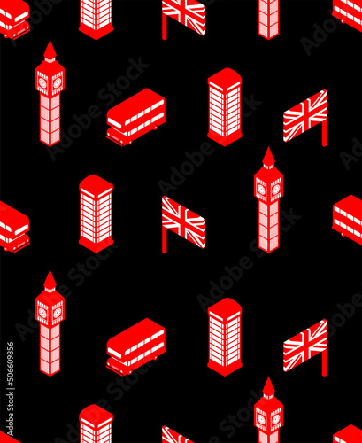 London pattern seamless. United Kingdom background. Landmark of London set icon. Red doubledecker and phone booth. UK flag and Big Ben tower