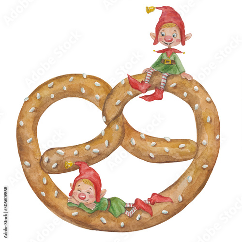 Watercolor illustration with gnome and pretzel