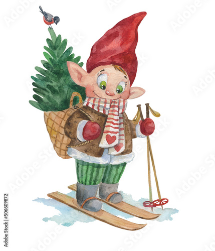 Watercolor illustration with gnome on ski
