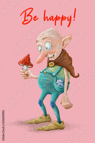 Digital raster card with gnome and fly agric on pink background