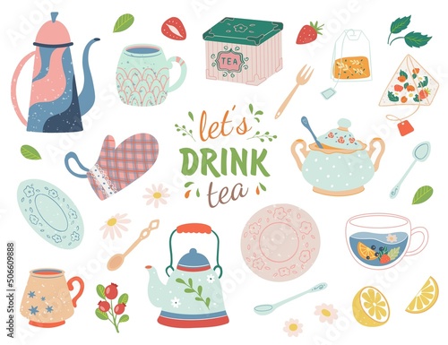 Hand drawn teapot and cup collection isolated on white background. Vector illustration tea accessories for tea ceremony for cafe and restaurant menu design