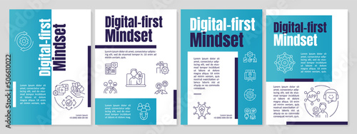 Digital first mindset blue brochure template. Business strategy. Leaflet design with linear icons. 4 vector layouts for presentation, annual reports. Anton, Lato-Regular fonts used