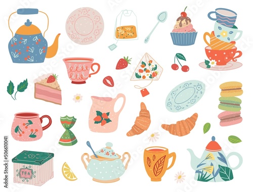 Hand drawn teapot and cup collection isolated on white background. Vector illustration tea accessories for tea ceremony for cafe and restaurant.
