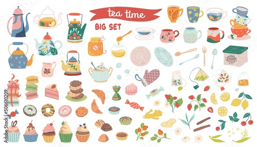 Big set of Hand drawn teapot and cup collection isolated on white background. Vector illustration tea accessories and sweets for tea ceremony for cafe and restaurant.