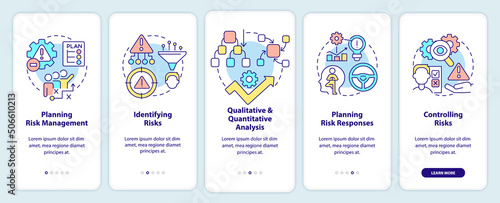Risk management process onboarding mobile app screen. Business strategy walkthrough 5 steps graphic instructions pages with linear concepts. UI, UX, GUI template. Myriad Pro-Bold, Regular fonts used