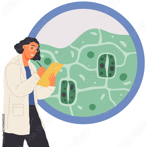 Scientist conducts analysis of life system and organisms. Idea of education, microbiology, biology. Biologist studies structure of plant cell. Biological research, experiment with cell in lab