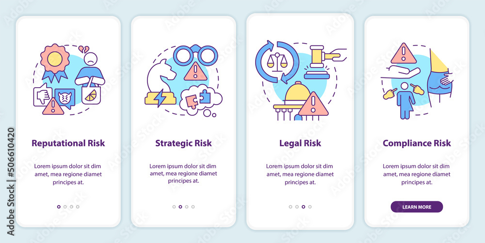 Risk categorizations onboarding mobile app screen. Potential issues walkthrough 4 steps graphic instructions pages with linear concepts. UI, UX, GUI template. Myriad Pro-Bold, Regular fonts used
