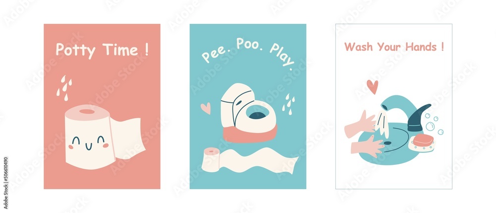 Cute potty training posters for kids. Vector prints.