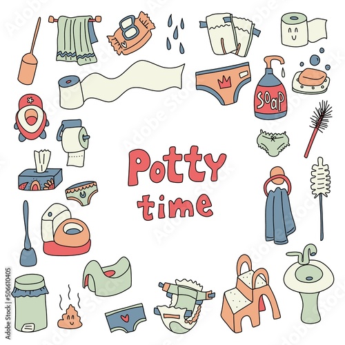 Potty training colorful doodle set. Vector clip art.