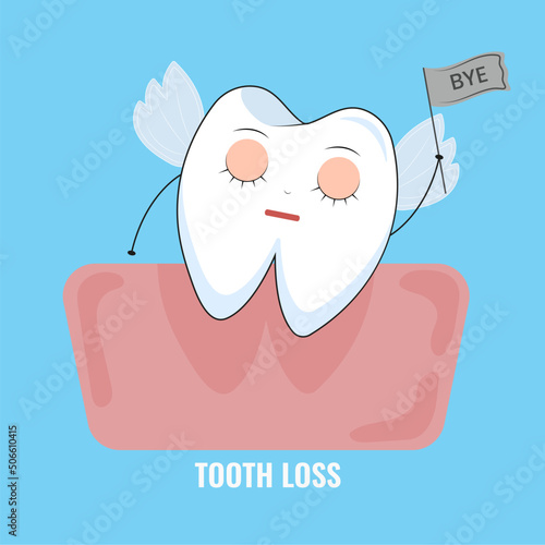 White  tooth loss icon.  Vector illustration. Dental care concept. Sleeping kawai emoji