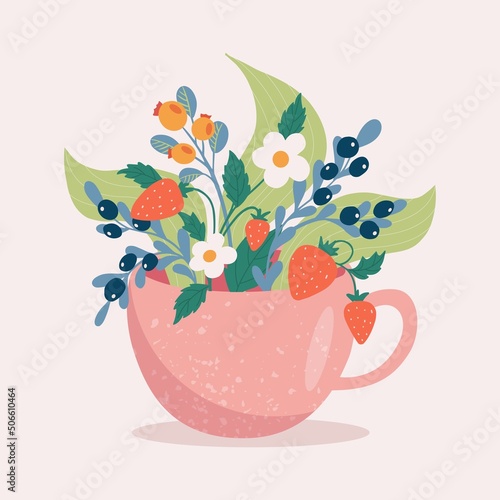 Hand drawn cup with berries, strawberry isolated on pink background. Vector illustration on tea time icons for cafe and restaurant menu design