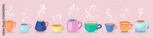 Set of cute coffee characters in trendy kawaii style on pink. Take away cups, mugs and bean with hot beverage. Happy cartoon drinks with doodle stars and hearts. Banner, card, poster design.