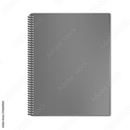 Closed wire bound notebook vector mock-up. Spiral notepad blank gray cover mockup. Hardcover diary template
