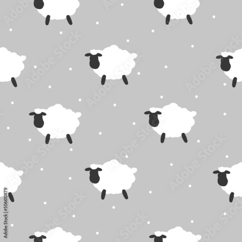 Simple sheep pattern. cute white sheep and dots . grey background. Fashionable print for children's textiles, wallpaper and packaging.