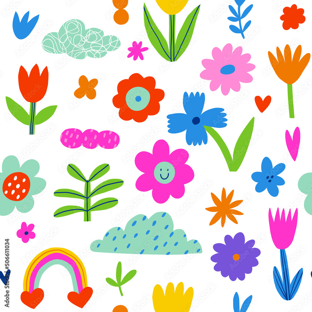 Seamless pattern with hippie aesthetic. Spring mood. Vector Hand drawn background for design and card, covers, package, wrapping paper. Seamless pattern with hippie aesthetic. Spring mood. Vector Hand drawn background for design and card, covers, package, wrapping paper.