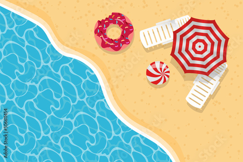 Summer vacation. Sun lounger on the seashore Landscape Beautiful seascape Banner Nautical holiday Vector illustration.