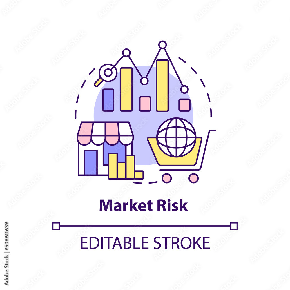 Market risk concept icon. Risk category abstract idea thin line illustration. Retail business. E commerce. Selling online. Isolated outline drawing. Editable stroke. Arial, Myriad Pro-Bold fonts used