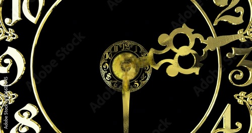 Classic gold dial endlessly moving towards the camera.The arrows describe a full circle . It symbolizes the infinity of time.On black background. 3D render
