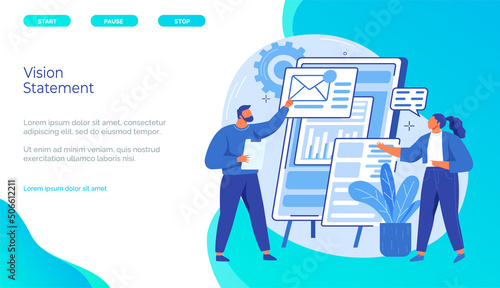Managers work with statistics. Vision statement and scope document. Project main plan management concept. Website landing web page template. Employees analyze business data, study analytics, report