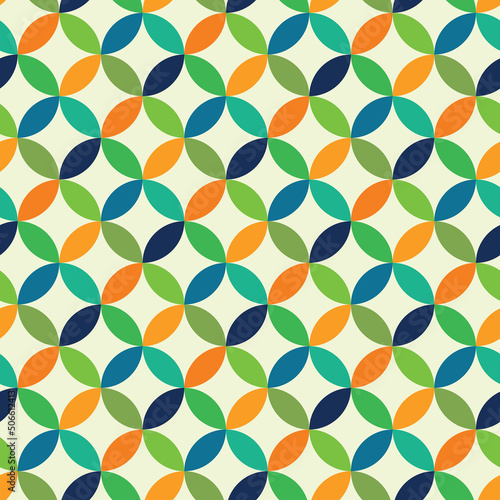 Mid century modern geometric colorful circles in green , orange, teal and blue. For textile, home décor, wallpaper and gift wrapping paper © yasminepatterns