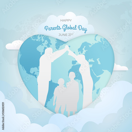 Happy Parents Global Day June 21st illustration with heart shaped map and parents silhouette and children on blue background
