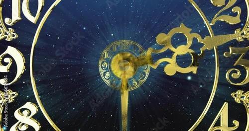 Classic gold dial endlessly moving towards the camera.The arrows describe a full circle . It symbolizes the infinity of time. Against the background of space and stars. 3D render
