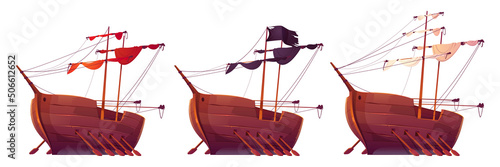 Old wooden ships with paddles, masts and folded sails. Vector cartoon set of ancient galleon, caravel, sailboats with black, white and red sails. Rowboats isolated on white background photo