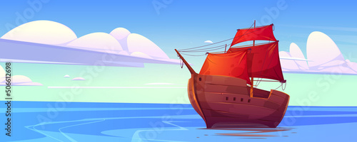 Old wooden ship with red sails in sea. Vector cartoon illustration of ocean landscape with ancient galleon or caravel. Sailboat with masts and ropes on blue water