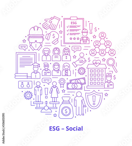 Set icons, ESG social concept. Icons arranged in a circle shape with a heading at the bottom. Gradient. Vector illustration isolated on a white background.