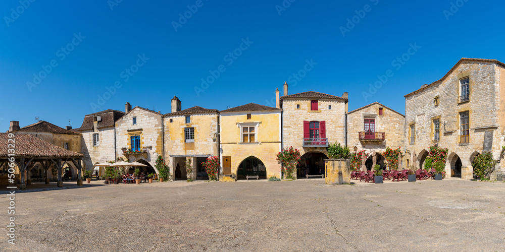 panorama view of the Place des Cornieres Square in the historic city center of Monpazier