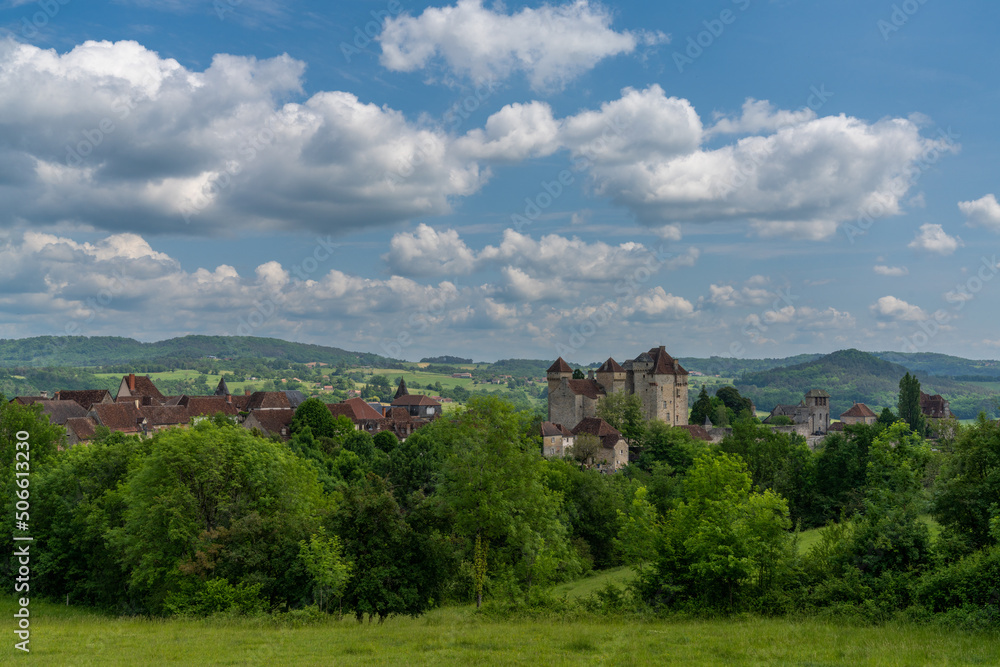 view of the idyllic French village of Curemonte and the Plas Chateau in the Dordogne Valley
