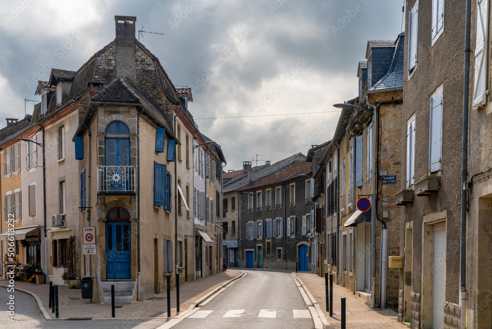 narrow streets and traditional stone buildings in the historic city center of Saint-Cere in the Dordogne Valley