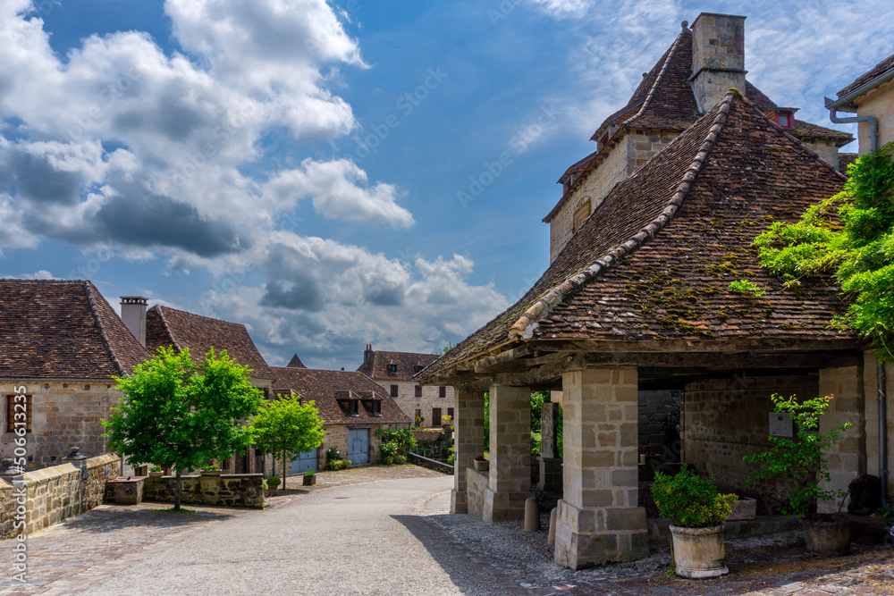 historic houses in the village center of Curemonte in the Perigord region of France