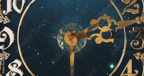 Classic gold dial endlessly moving towards the camera.The arrows describe a full circle . It symbolizes the infinity of time. Against the background of space and stars. 3D render