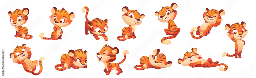 Cute tiger character, wild animal mascot in different poses. Vector set of cartoon funny kitten sleep, play, think, walking and greeting. Happy baby tiger isolated on white background - obrazy, fototapety, plakaty 