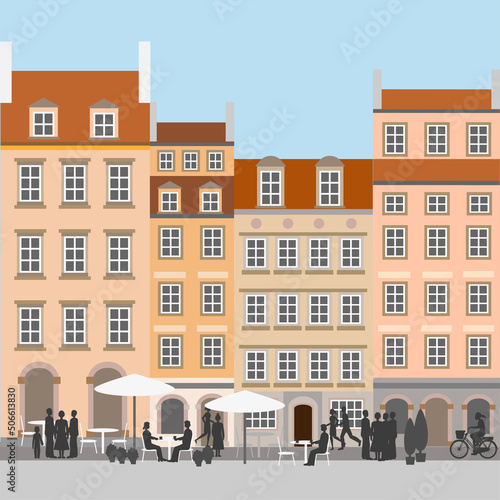 Street life in an old town. A  market square house facades. Vector Illustration