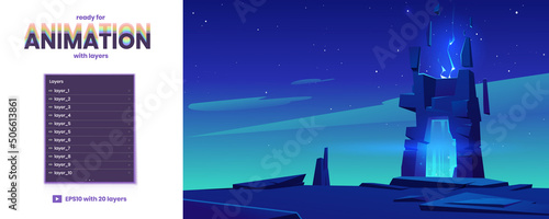 Magic portal in stone frame on rock ledge at night. Vector parallax background ready for 2d animation with cartoon fantasy illustration, game background with mystic blue glowing in ancient arch