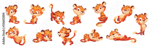 Cute tiger character, wild animal mascot in different poses. Vector set of cartoon funny kitten sleep, play, think, walking and greeting. Happy baby tiger isolated on white background