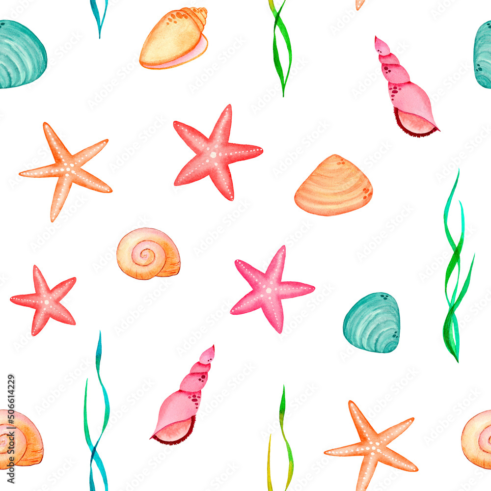 Seamless pattern watercolor colorful starfish, shells, algae