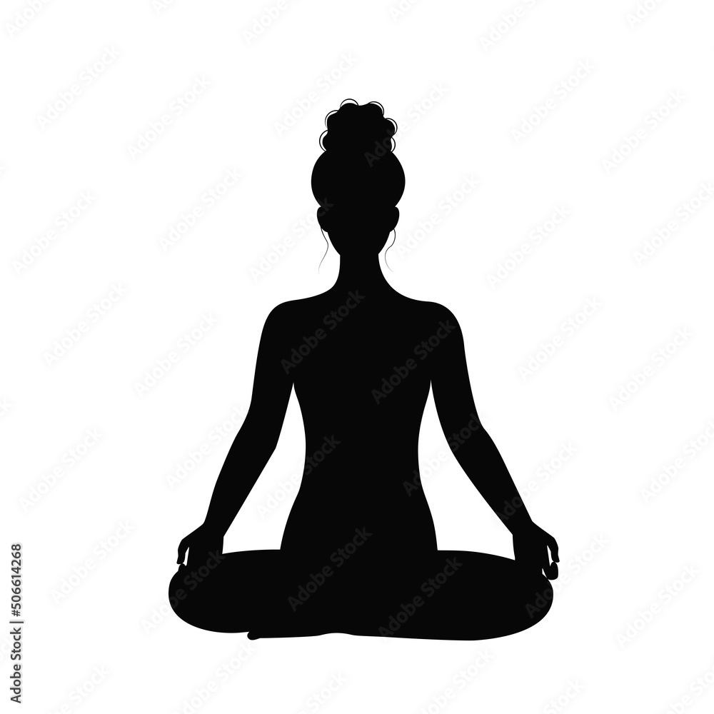 Silhouette girl sitting in lotus position isolated vector illustration. Woman doing yoga black shadow. Abstract human female image in relaxation