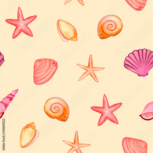 Seamless pattern watercolor colorful starfish, shells on a light background