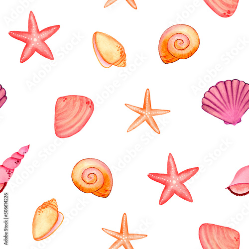 Seamless pattern watercolor colorful starfish, shells on a white background