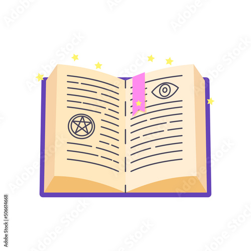 Spell book icon. Cartoon illustration of an open magic book decorated with mystery symbols isolated on a white background. Vector 10 EPS.