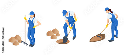 Isometric gardeners, farmers and workers caring for the garden, growing agricultural products. Worker digs the black soil with shovel in the vegetable garden