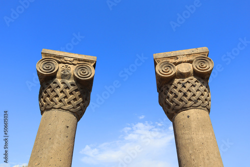 Close up view of ancient column in Zvartnos temple in Armenia photo