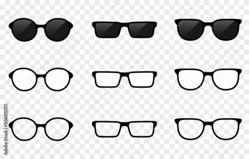 Set of vector glasses png. Sunglasses on an isolated transparent background. Glasses frame, glasses silhouette PNG.